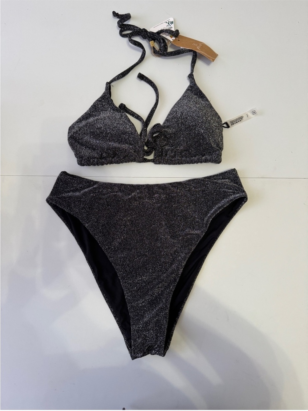 Berlook Black Shimmer Triangle High Waisted Bikini Set NWT